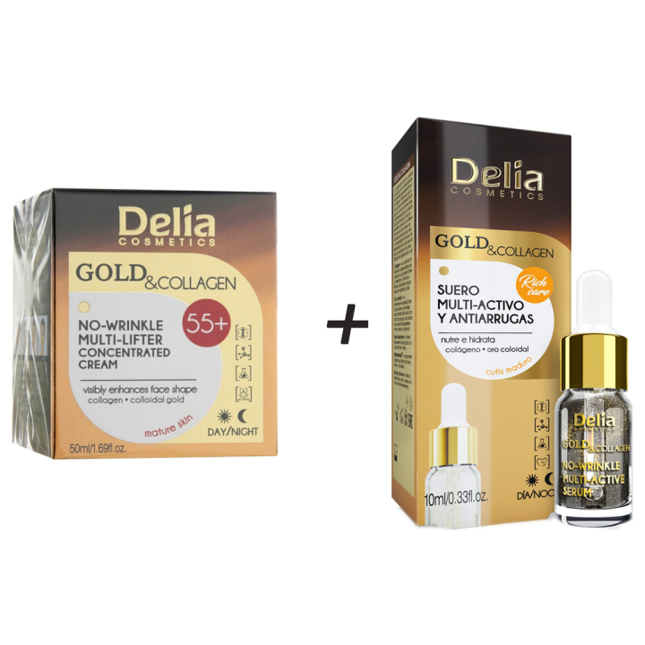 Крем проти зморшок 55+ Delia Gold&Collagen+Сироватка проти зморшок No-Wrinkle Multi-Active Serum