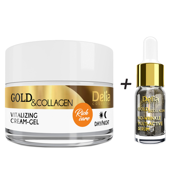 Крем-гель для обличчя Delia Gold&Collagen Vitalizing Cream-GelХ+Сироватка проти зморшок No-Wrinkle Multi-Active Serum